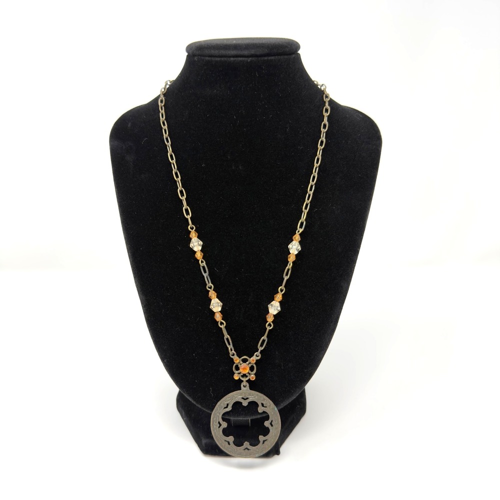 Vintage NY Pendant Beaded Necklace Amber Crystal‎ Boho 10.5 Inch